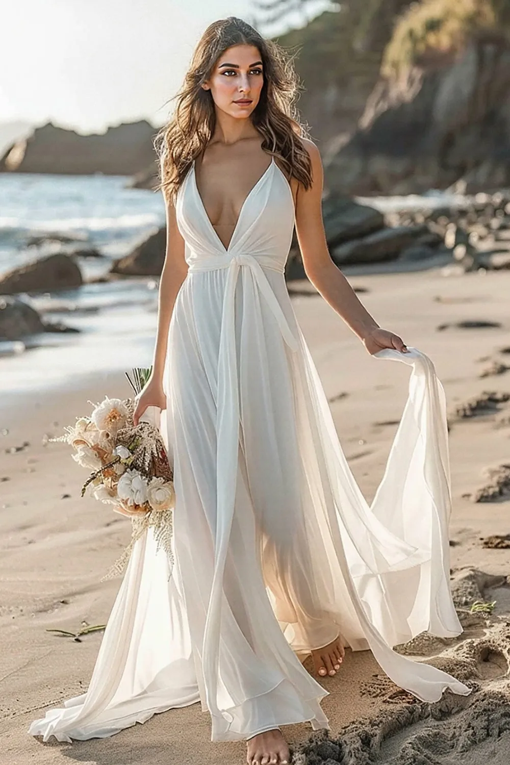 White Chiffon A Line Sweep Train Boho Wedding Dress with Sash sold by Zapaka