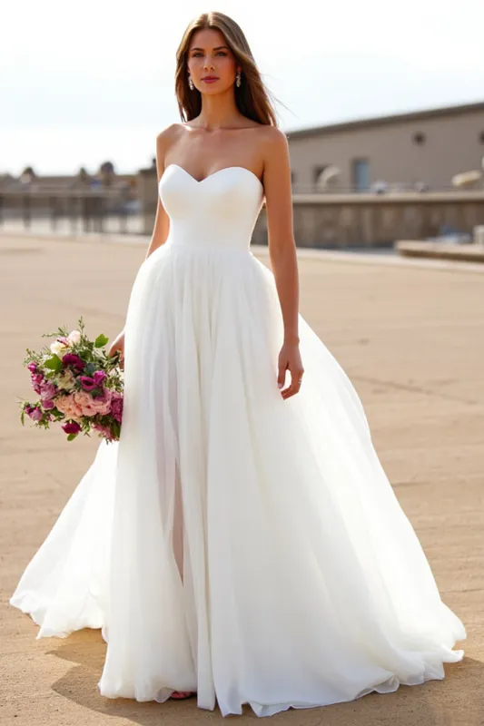 Strapless White Chiffon A Line Sweep Train Wedding Dress sold by Zapaka
