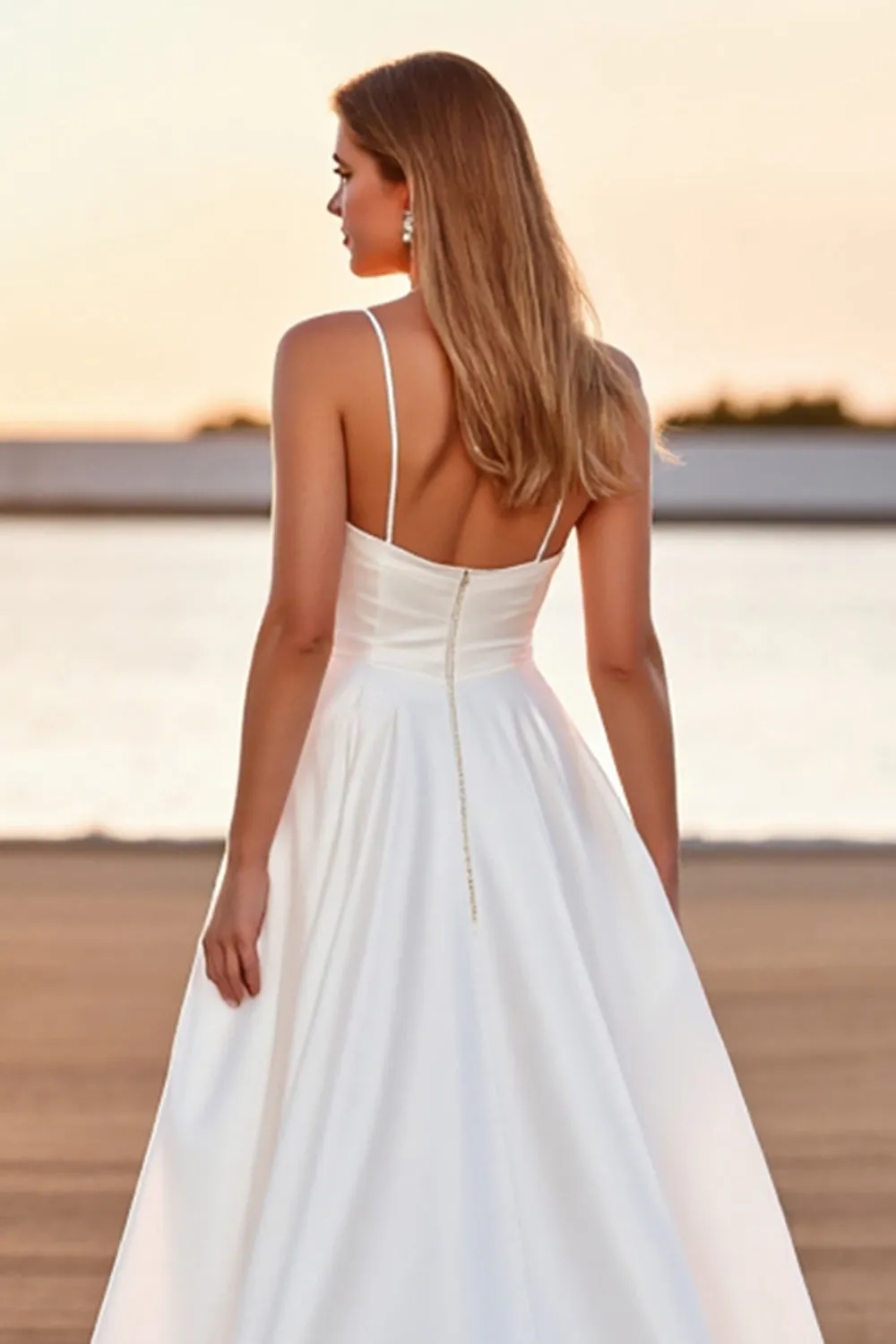 White Satin A Line Boho High-Low Wedding Dress sold by Zapaka product image thumbnail 4