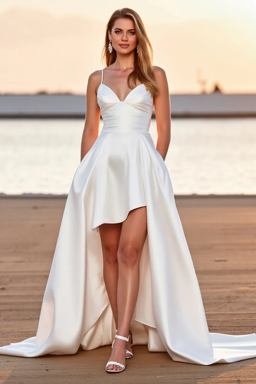 White Satin A Line Boho High-Low Wedding Dress sold by Zapaka