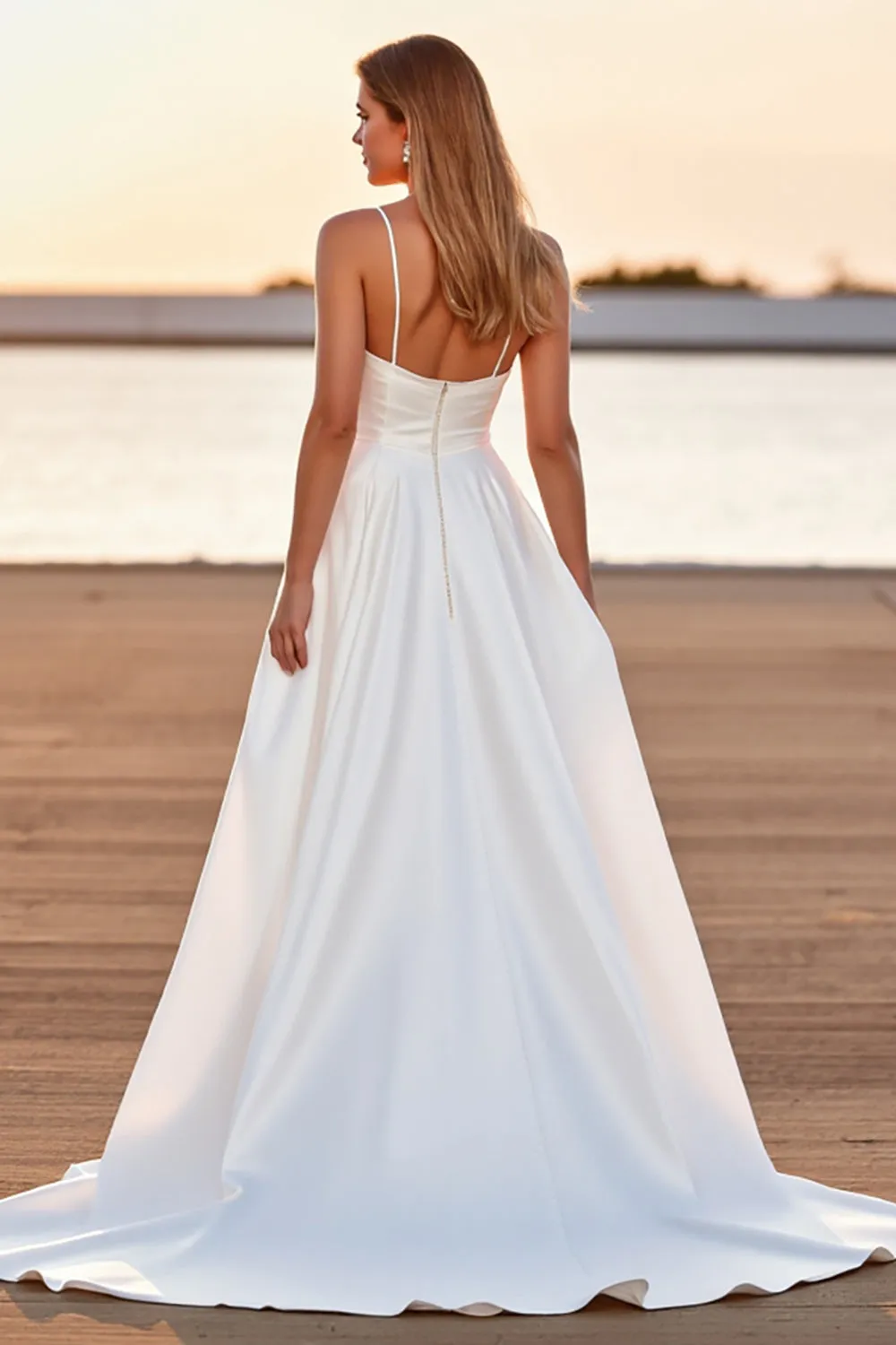 White Satin A Line Boho High-Low Wedding Dress sold by Zapaka product image thumbnail 2