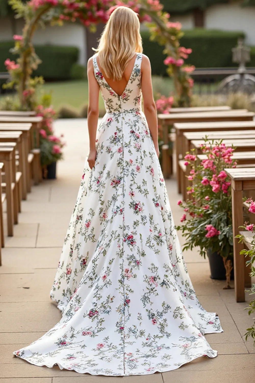 White V Neck A Line Sweep Train Floral Wedding Dress sold by Zapaka product image thumbnail 2