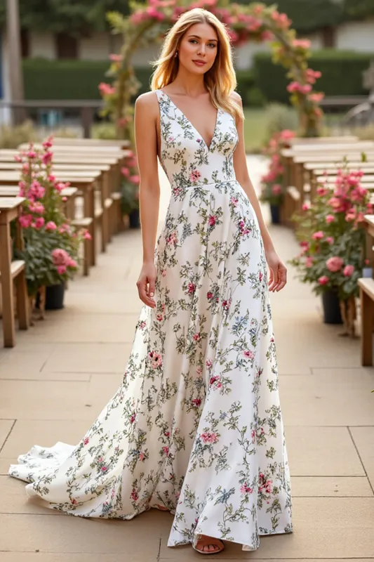 White V Neck A Line Sweep Train Floral Wedding Dress sold by Zapaka