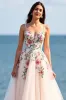 Blush Tulle A Line Boho Embroidered Sweep Train Wedding Dress sold by Zapaka
