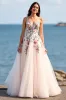 Blush Tulle A Line Boho Embroidered Sweep Train Wedding Dress sold by Zapaka
