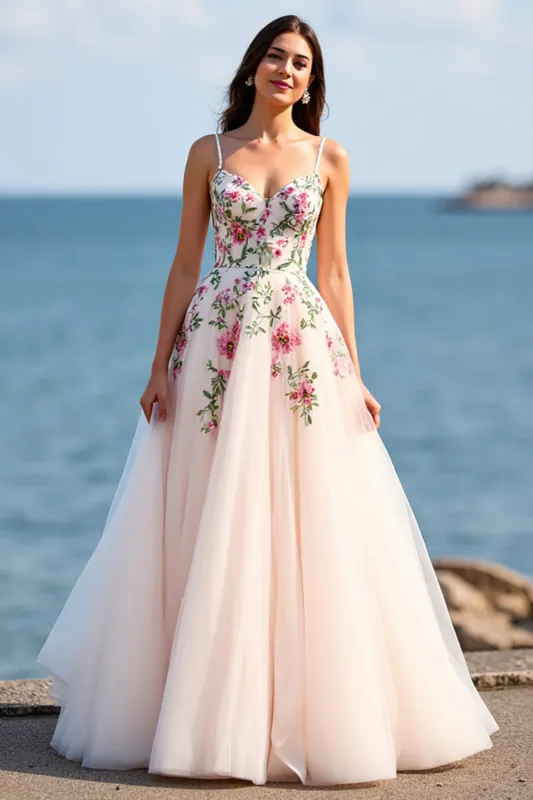 Blush Tulle A Line Boho Embroidered Sweep Train Wedding Dress sold by Zapaka