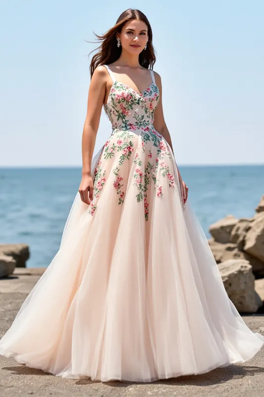 Blush Tulle A Line Boho Floor Length Embroidered Wedding Dress sold by Zapaka