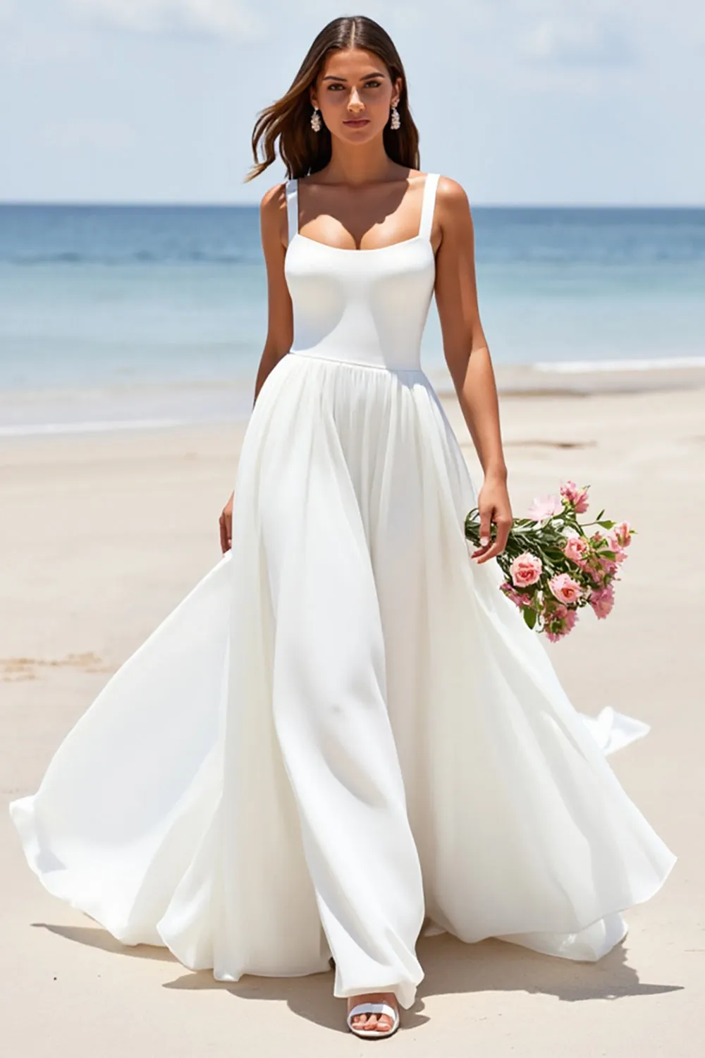 White Chiffon A Line Square Neck Boho Sweep Train Wedding Dress sold by Zapaka product image thumbnail 4