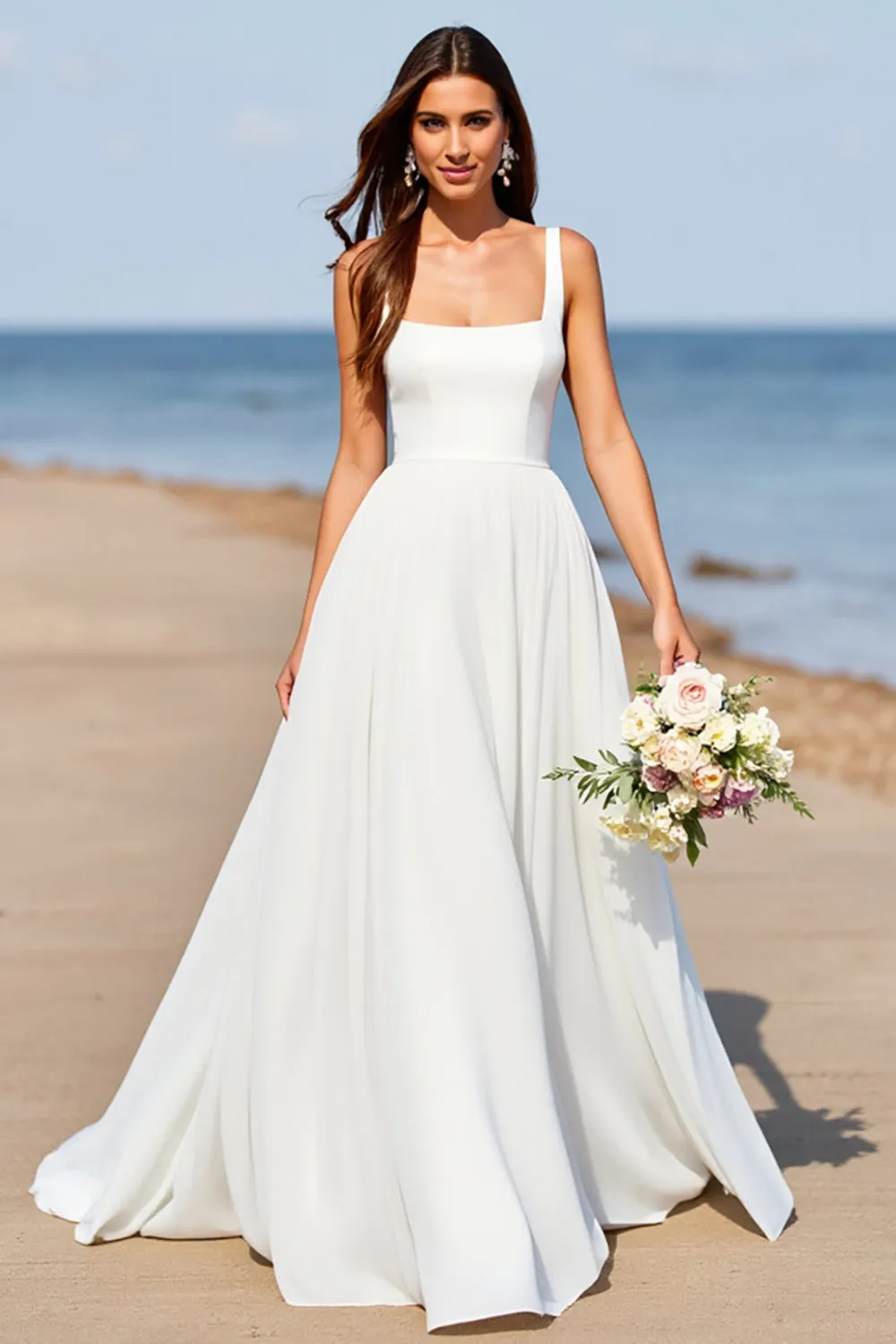 White Chiffon A Line Square Neck Boho Sweep Train Wedding Dress sold by Zapaka