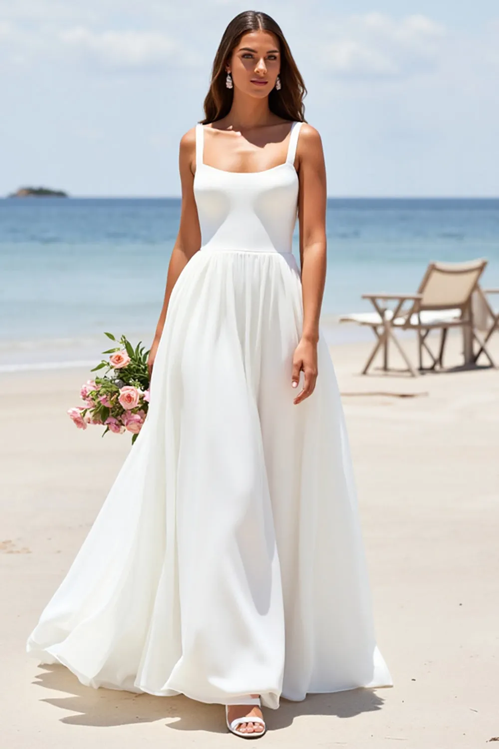 White Chiffon A Line Square Neck Boho Sweep Train Wedding Dress sold by Zapaka product image thumbnail 3