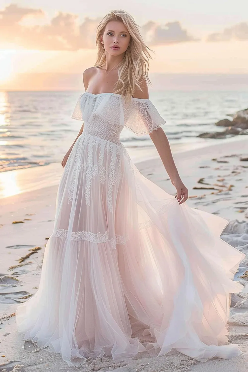 White A Line Tulle Boho Sweep Train Wedding Dress with Lace sold by Zapaka