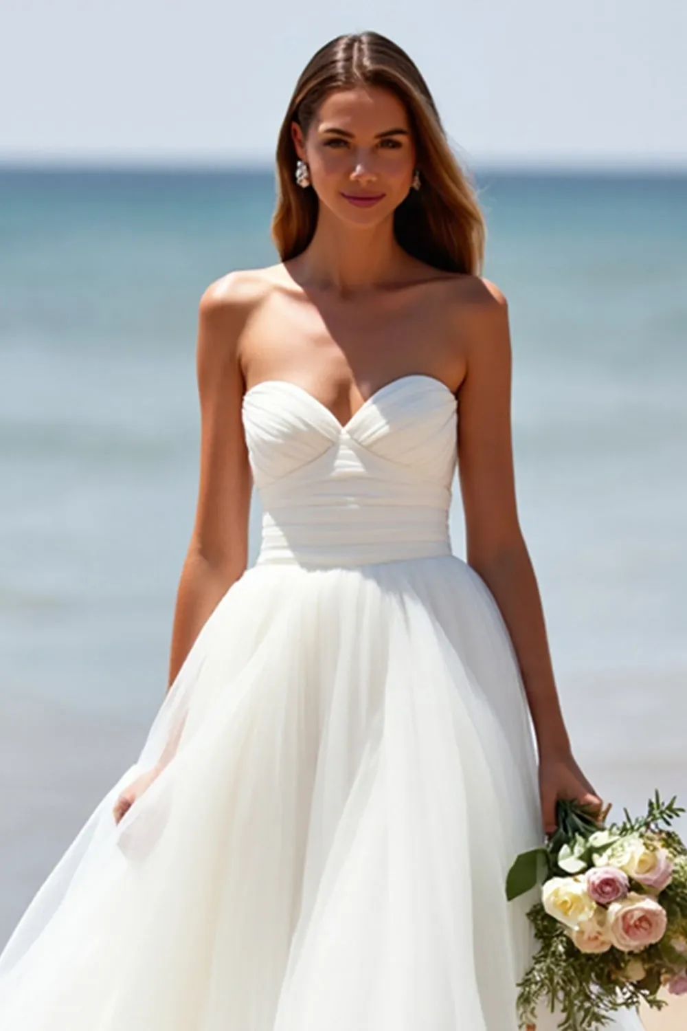 White Strapless A Line Tulle Boho Sweep Train Wedding Dress sold by Zapaka product image thumbnail 4