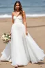 White Strapless A Line Tulle Boho Sweep Train Wedding Dress sold by Zapaka