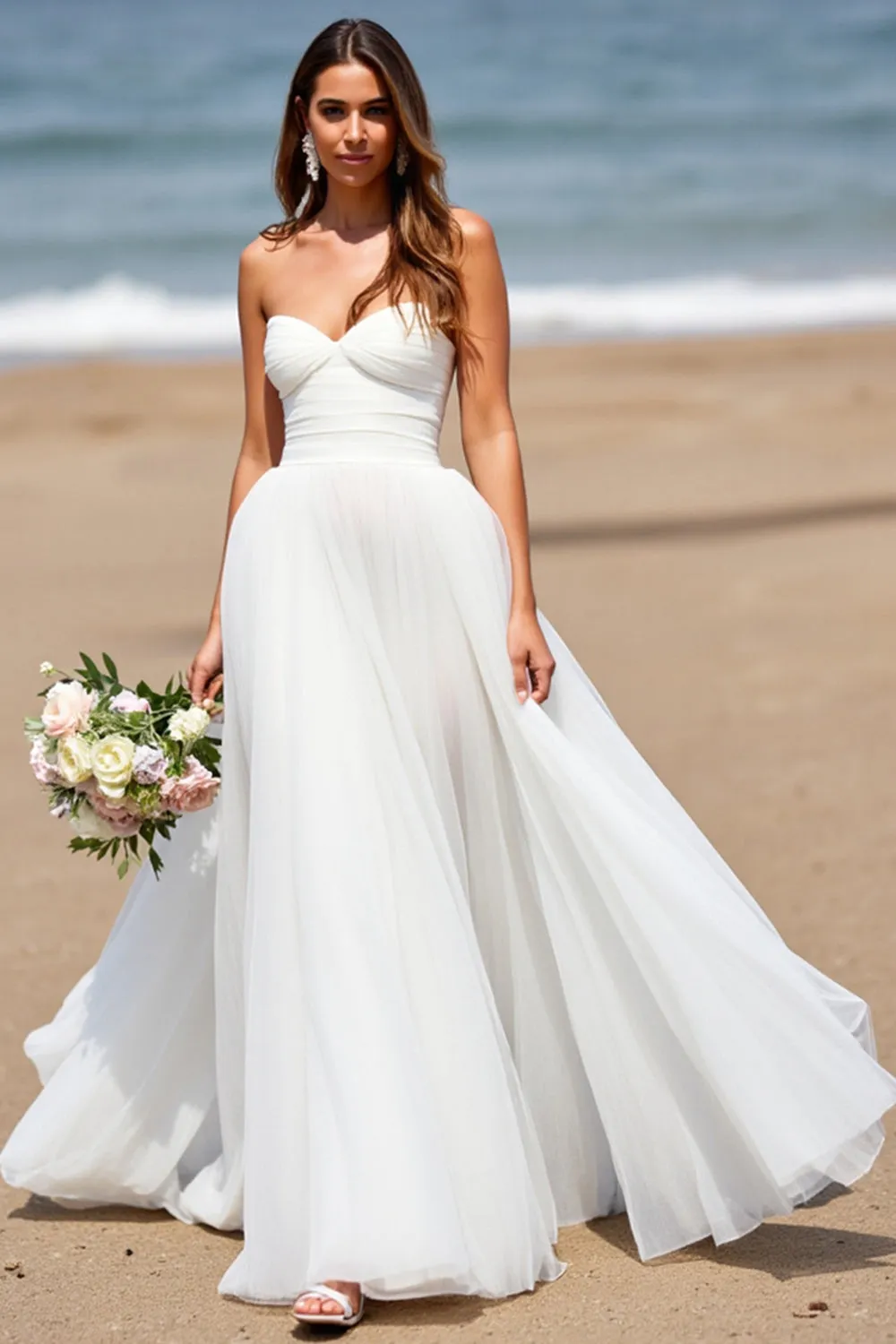 White Strapless A Line Tulle Boho Sweep Train Wedding Dress sold by Zapaka