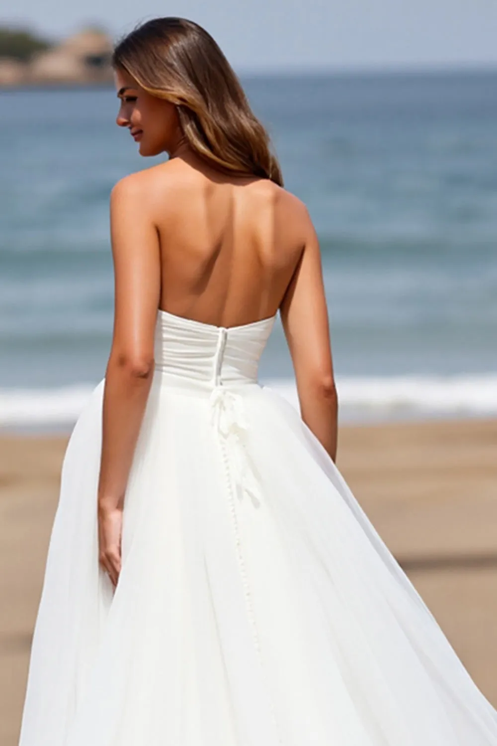 White Strapless A Line Tulle Boho Sweep Train Wedding Dress sold by Zapaka product image thumbnail 5