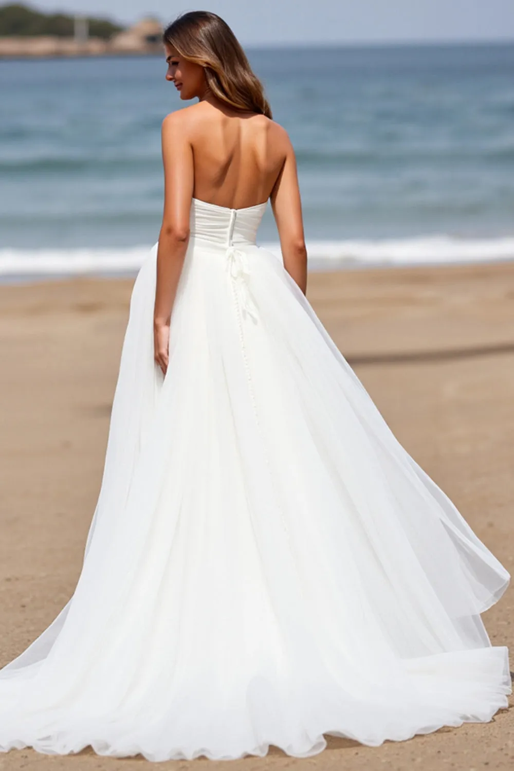 White Strapless A Line Tulle Boho Sweep Train Wedding Dress sold by Zapaka product image thumbnail 2