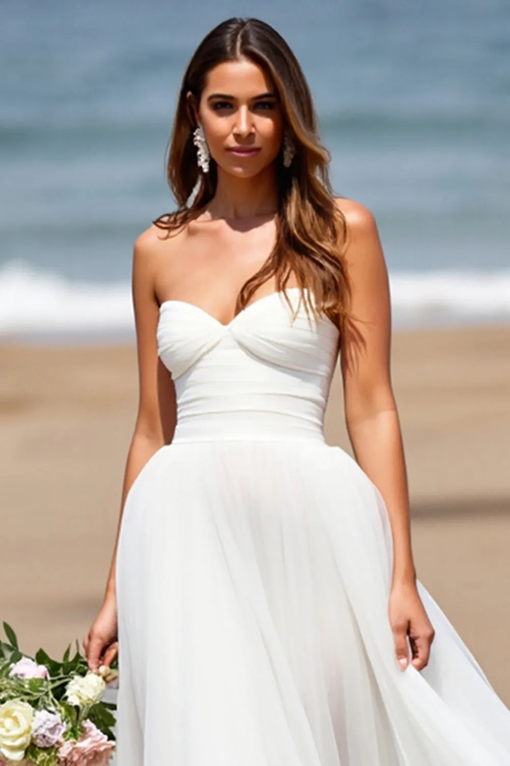 White Strapless A Line Tulle Boho Sweep Train Wedding Dress sold by Zapaka product image thumbnail 3