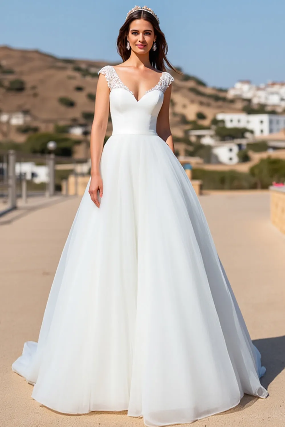 White A Line Tulle Sweep Train Wedding Dress with Lace sold by Zapaka product image thumbnail 3