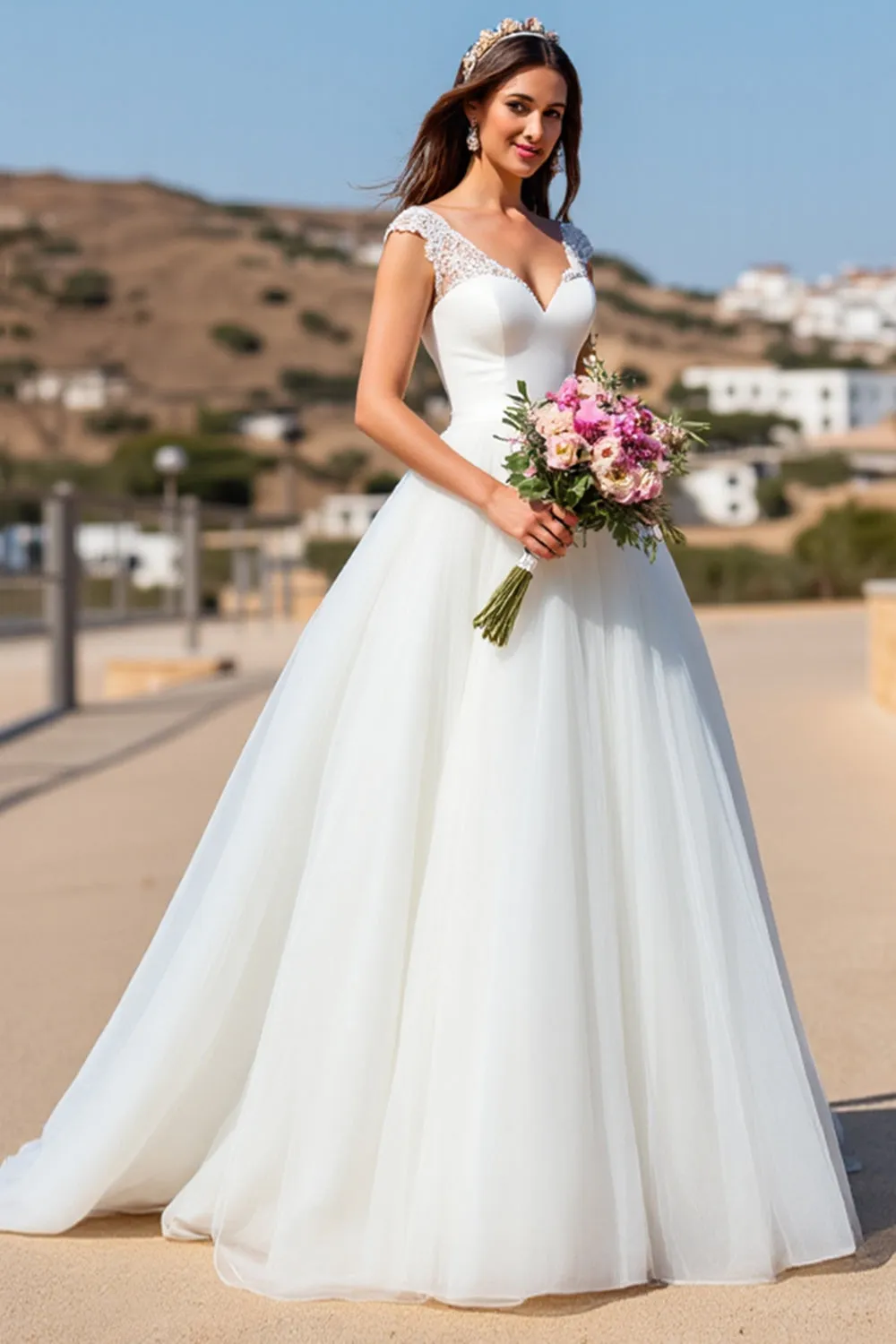 White A Line Tulle Sweep Train Wedding Dress with Lace sold by Zapaka