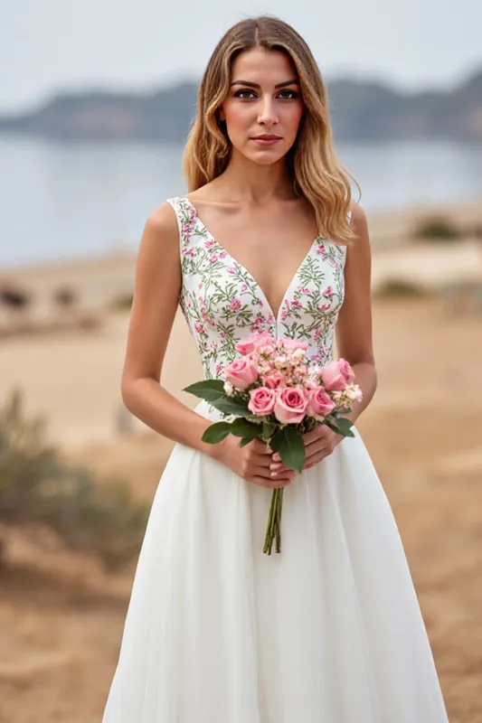 White Chiffon A Line Boho Wedding Dress with Embroidery sold by Zapaka