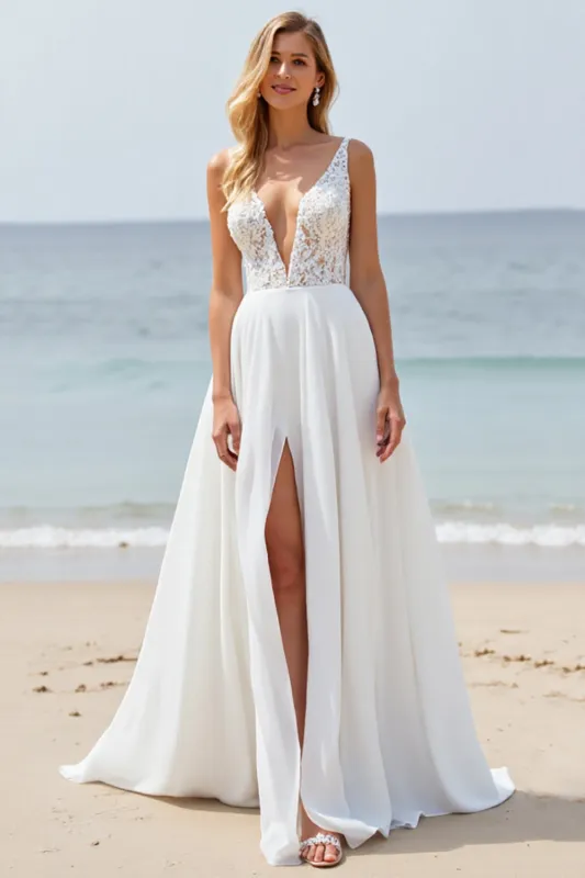 White Chiffon A Line Boho Sweep Train Wedding Dress with Lace sold by Zapaka