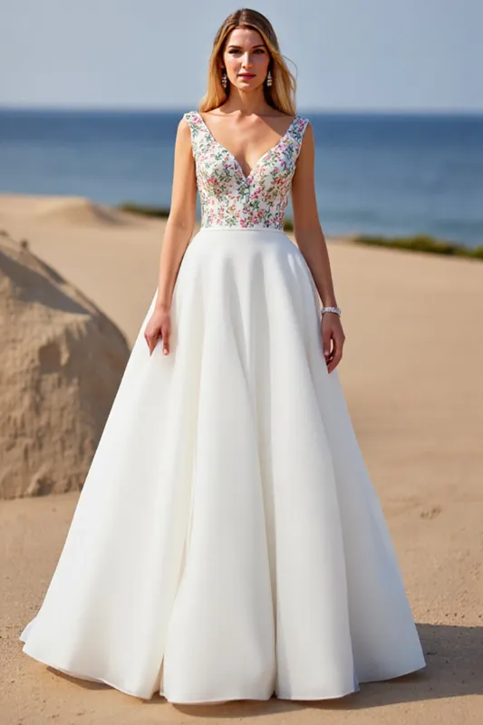White V-Neck A Line Boho Sweep Train Wedding Dress with Appliques sold by Zapaka