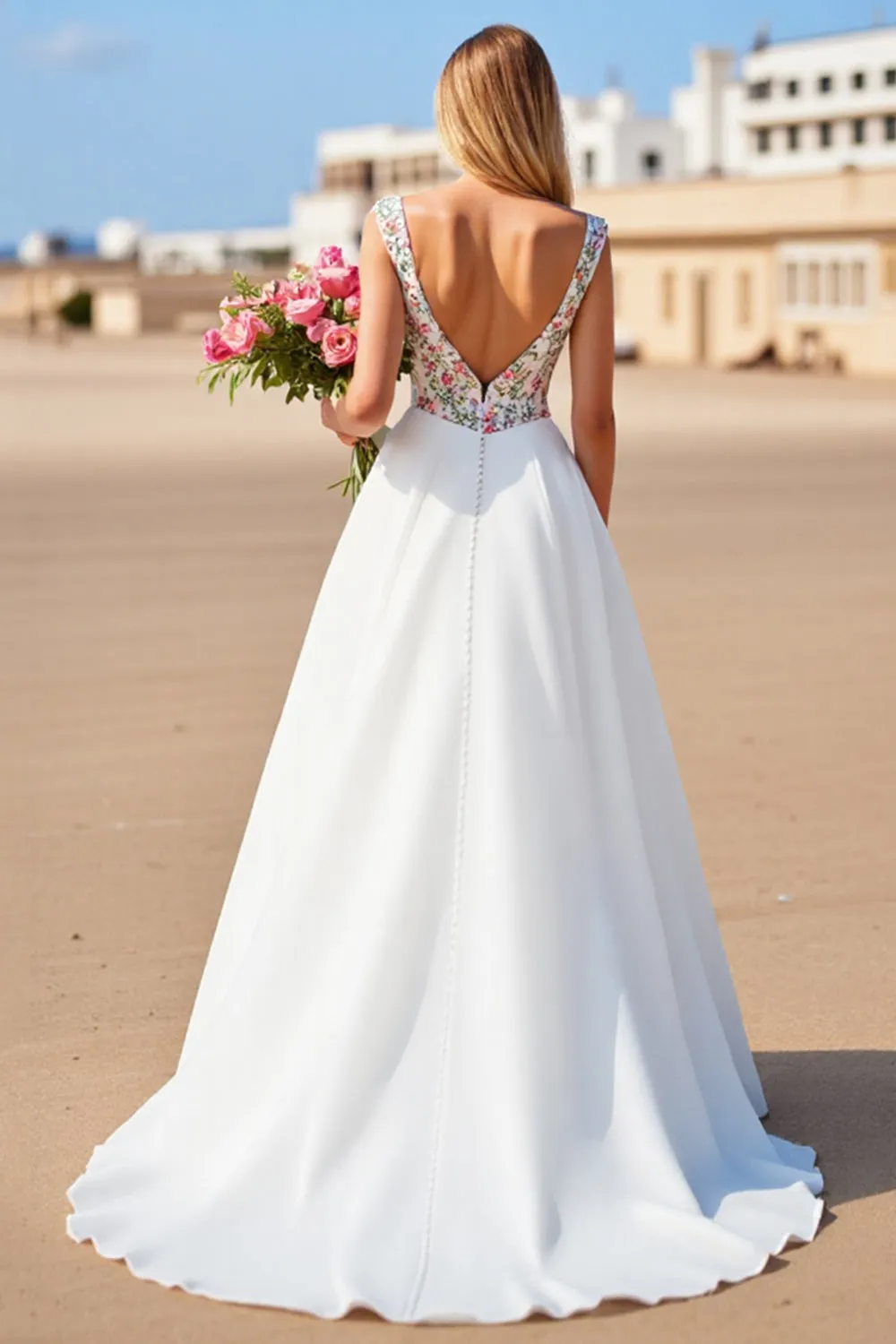 White V-Neck A Line Boho Sweep Train Wedding Dress with Appliques sold by Zapaka product image thumbnail 2