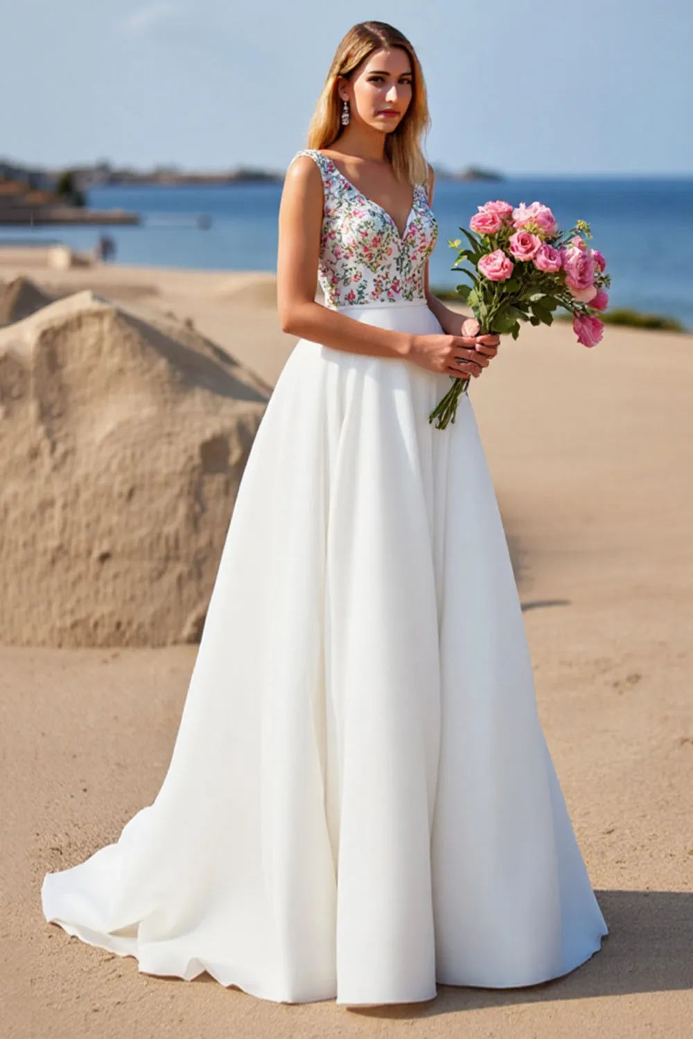 White V-Neck A Line Boho Sweep Train Wedding Dress with Appliques sold by Zapaka product image thumbnail 3