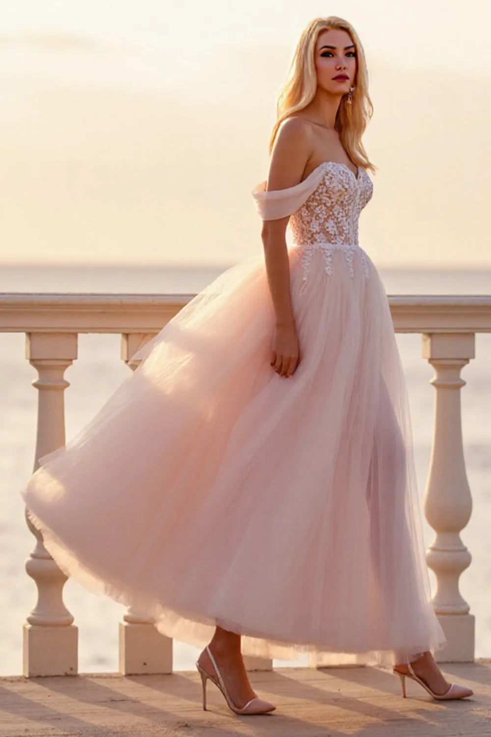 Blush Tulle A Line Boho Ankle Length Wedding Dress with Appliques sold by Zapaka product image thumbnail 3