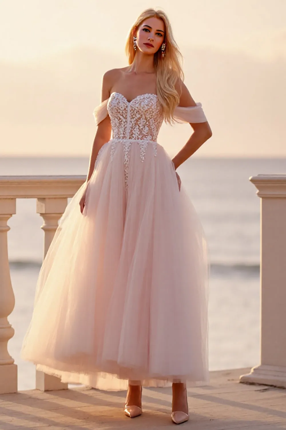 Blush Tulle A Line Boho Ankle Length Wedding Dress with Appliques sold by Zapaka
