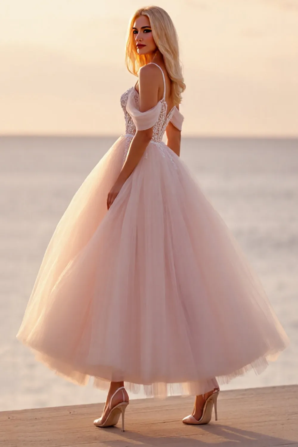 Blush Tulle A Line Boho Ankle Length Wedding Dress with Appliques sold by Zapaka product image thumbnail 2