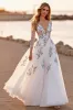 White Tulle Floral A Line Boho Floor Length Wedding Dress sold by Zapaka