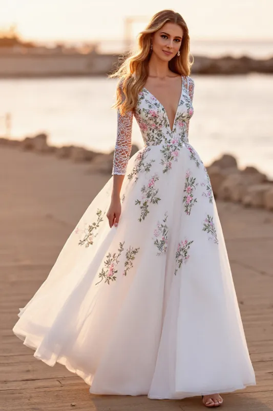 White Tulle Floral A Line Boho Floor Length Wedding Dress sold by Zapaka