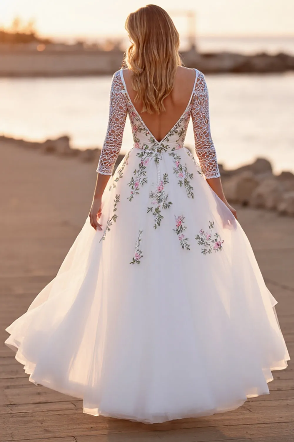 White Tulle Floral A Line Boho Floor Length Wedding Dress sold by Zapaka product image thumbnail 2
