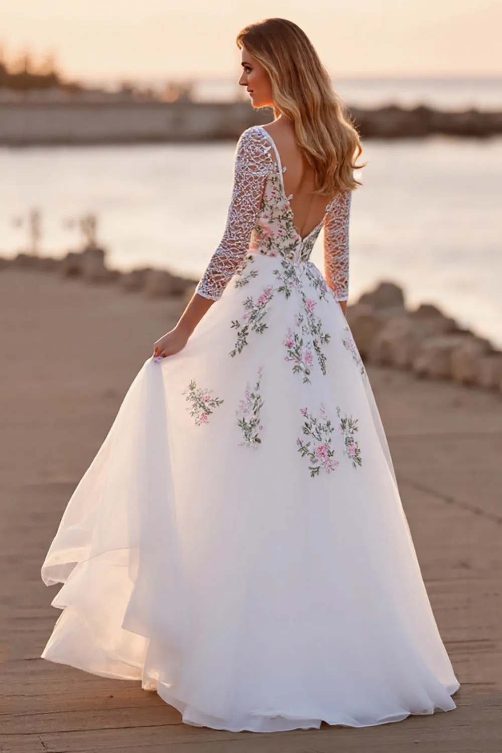 White Tulle Floral A Line Boho Floor Length Wedding Dress sold by Zapaka product image thumbnail 3