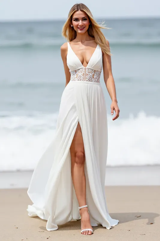 White Chiffon A Line V-Neck Boho Sweep Train Wedding Dress with Slit sold by Zapaka