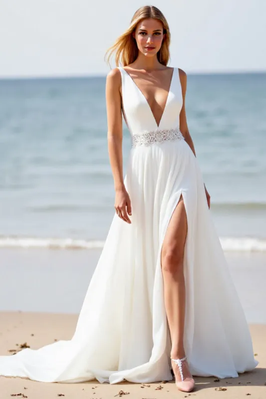 White Chiffon A Line Boho Sweep Train Wedding Dress with Slit sold by Zapaka