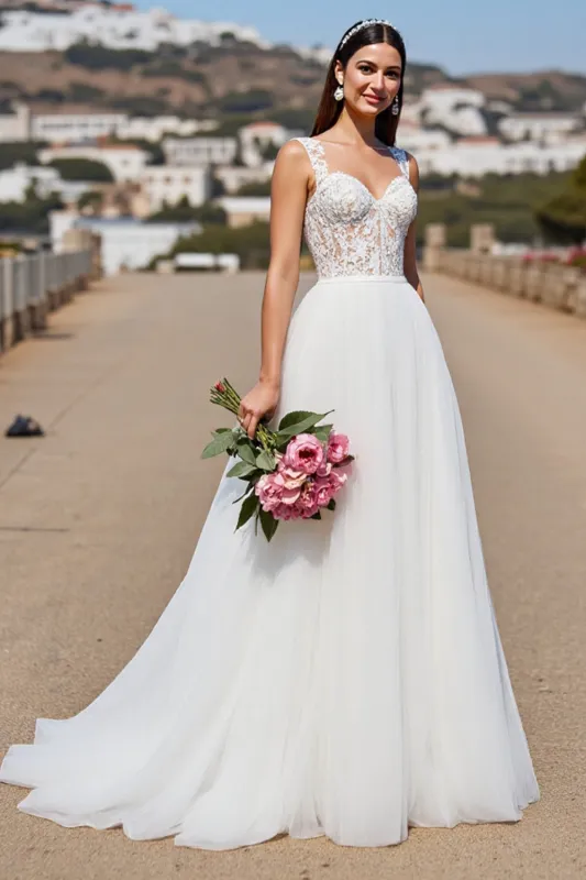 White Tulle A Line Boho Sweep Train Wedding Dress with Lace sold by Zapaka
