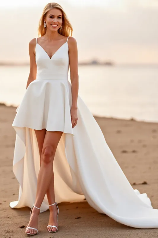 White A Line V-Neck High-Low Boho Wedding Dress sold by Zapaka