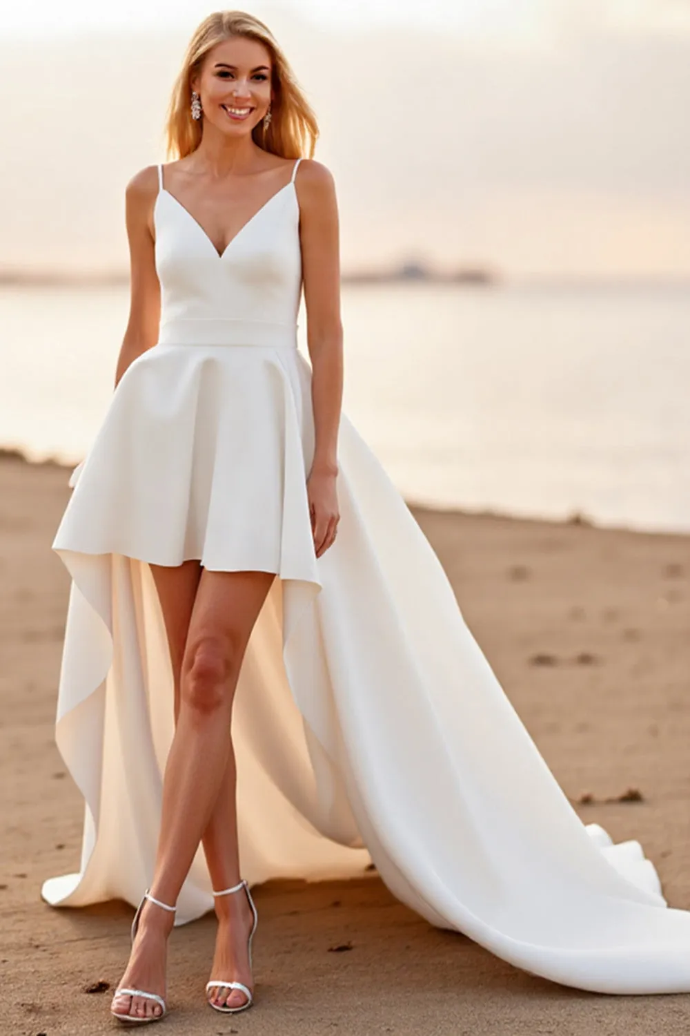 White A Line V-Neck High-Low Boho Wedding Dress sold by Zapaka