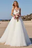 White Tulle A Line Boho Sweep Train Wedding Dress with Appliques sold by Zapaka