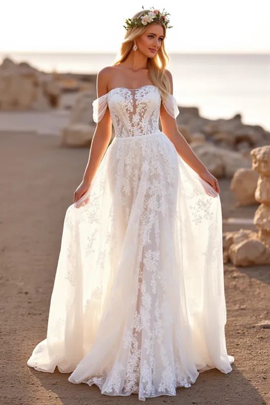 White Tulle Off the Shoulder Boho Sweep Train Wedding Dress with Lace sold by Zapaka