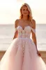Blush Off the Shoulder Tulle Sweep Train Boho Wedding Dress with Appliques sold by Zapaka