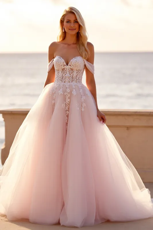 Blush Off the Shoulder Tulle Sweep Train Boho Wedding Dress with Appliques sold by Zapaka