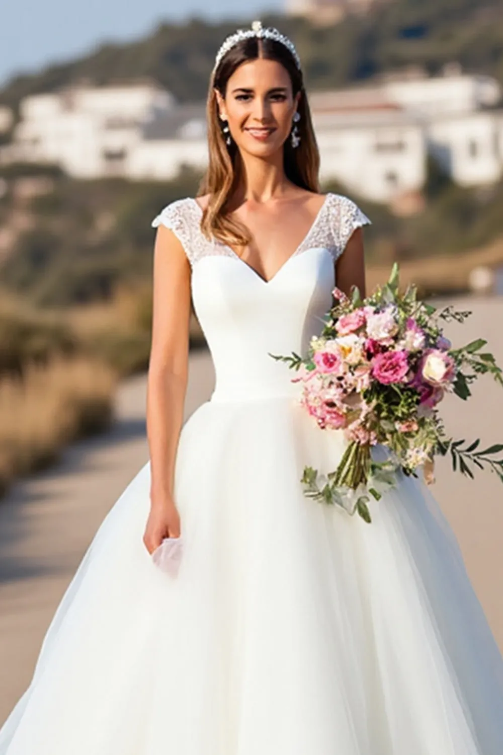 White V-Neck Ball Gown Cap Sleeves Wedding Dress with Lace sold by Zapaka product image thumbnail 4