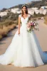 White V-Neck Ball Gown Cap Sleeves Wedding Dress with Lace sold by Zapaka