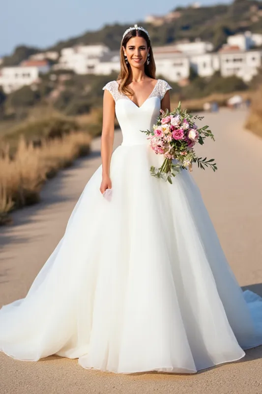 White V-Neck Ball Gown Cap Sleeves Wedding Dress with Lace sold by Zapaka