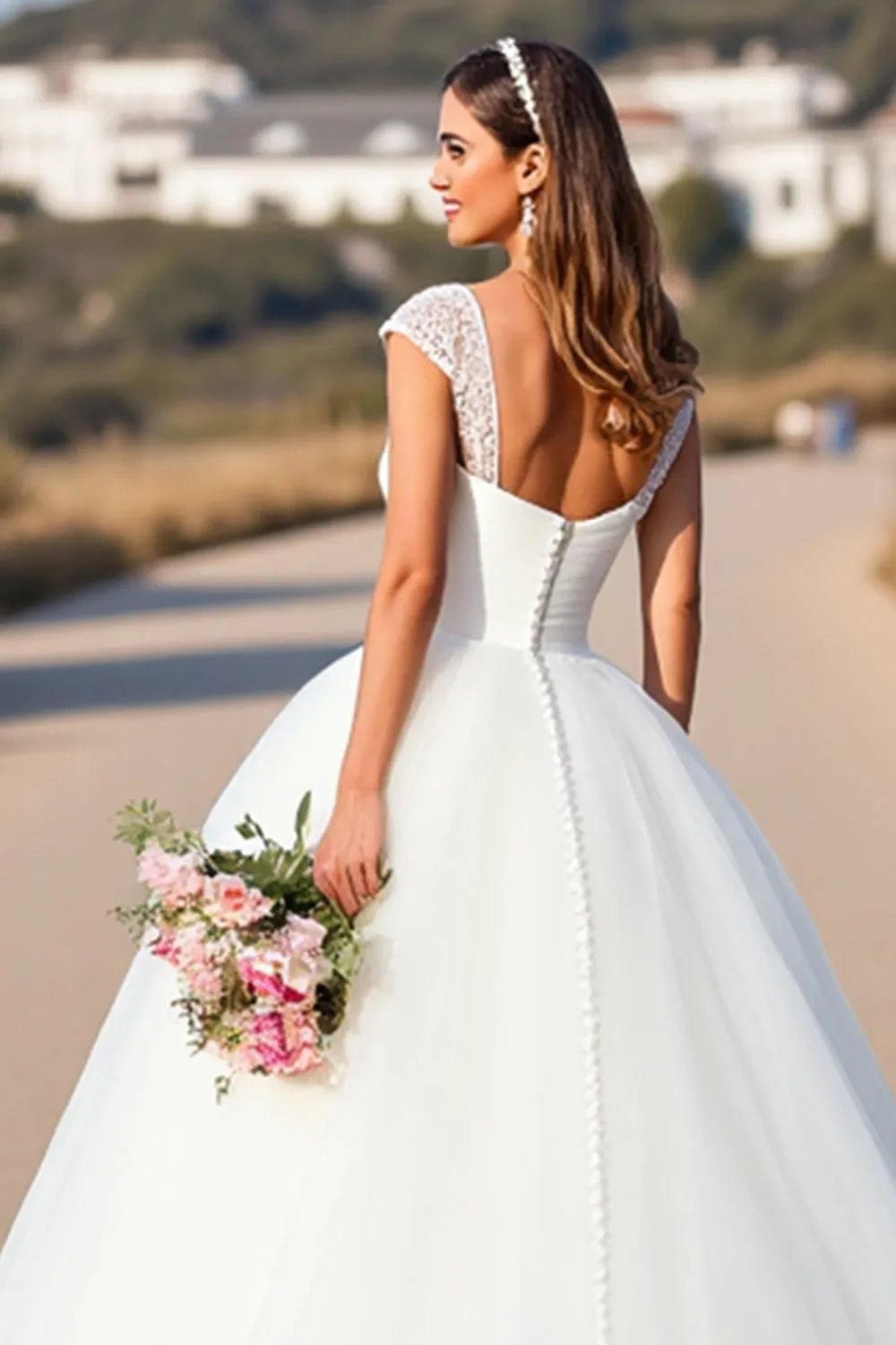 White V-Neck Ball Gown Cap Sleeves Wedding Dress with Lace sold by Zapaka product image thumbnail 5