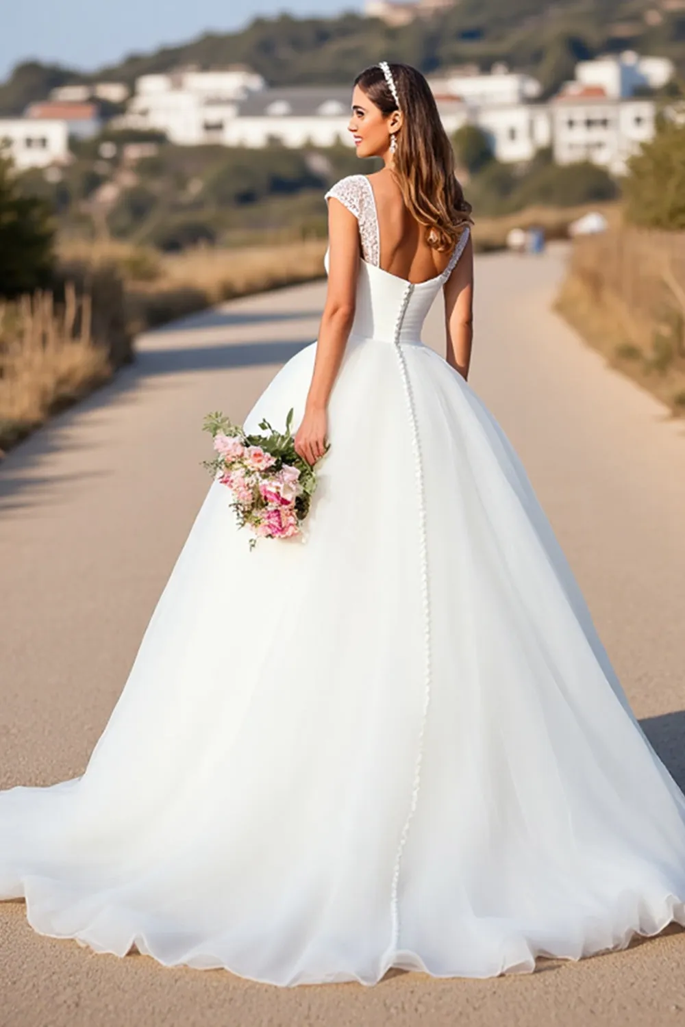 White V-Neck Ball Gown Cap Sleeves Wedding Dress with Lace sold by Zapaka product image thumbnail 2