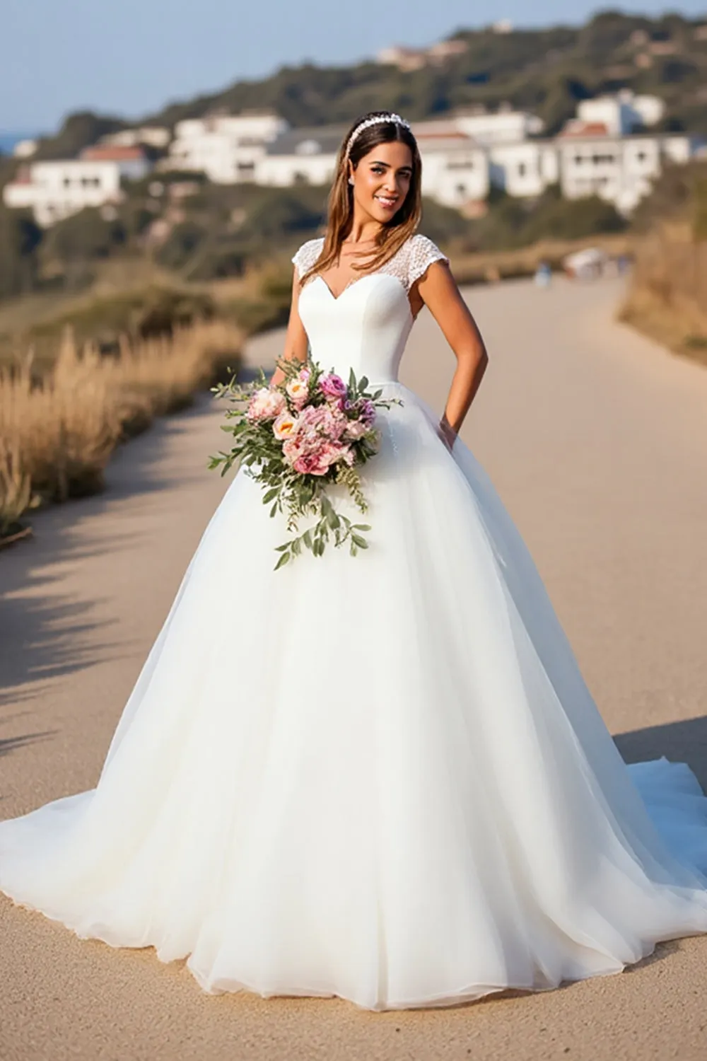 White V-Neck Ball Gown Cap Sleeves Wedding Dress with Lace sold by Zapaka product image thumbnail 3